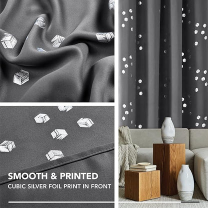 Deconovo Designer Series Silver Cubic Print Blackout Curtains for Living Room Bedroom Sliding Glass Door, Thermal Insulated Soundproof Window Drapes, Dark Grey, 52W x 95L Inch, 2 Panels