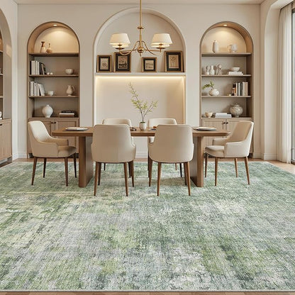 10x14 Area Rugs for Living Room, Non Slip Machine Washable Vintage Rugs, Low Pile Lightweight Large Rug for Bedroom, Dining Room, Home Office Green/Ivory