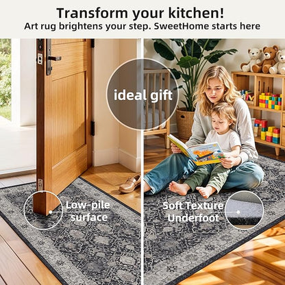 3 Pieces Kitchen Rug Sets: Farmhouse Washable Non-Slip Floor Mat for Sink Stove & Fridge Area Water Resistant Carpet for Laundry Room Entryway Soft Cozy Runners for Kids Pets Family(2x3+2x4+2x5,Black)