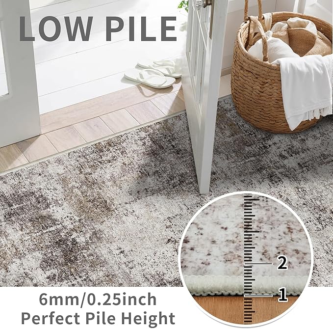 2x5 Washable Runner Rug for Hallway: Non Slip Entryway Runners Rugs Easy-to-Clean - Soft Living Room Bedroom Carpet - Thin Low Pile Floor Mat for Dining Room Beige Brown