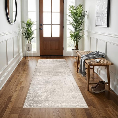 Washable 3x5 Kitchen Area Rug: Non-Slip Abstract Water-Resistant Entryway Doormat Soft Sink Fridge Bedroom Carpet Low Pile Stain-Resistant Bathroom Laundry Neutral Faded Floor Mat(3X5,Beige/Cream)