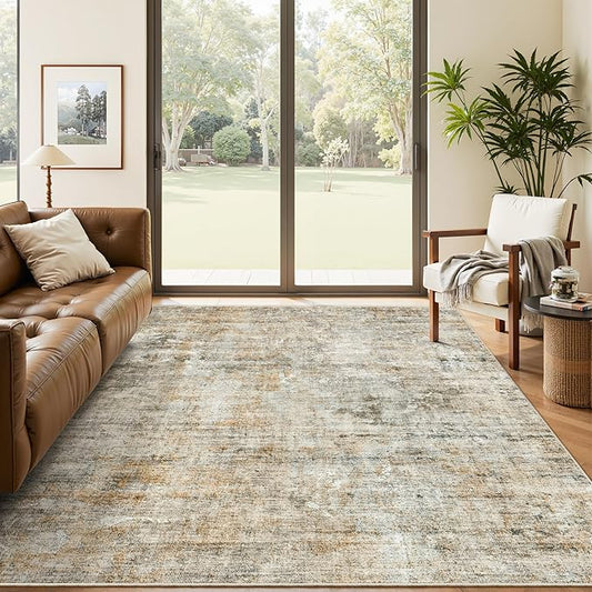 Soalmost 6x9 Abstract Area Rugs for Living Room 6 x 9 Washable Non Slip Low Pile Rugs for Bedroom Dining Room Foldable Thin Brown Grey