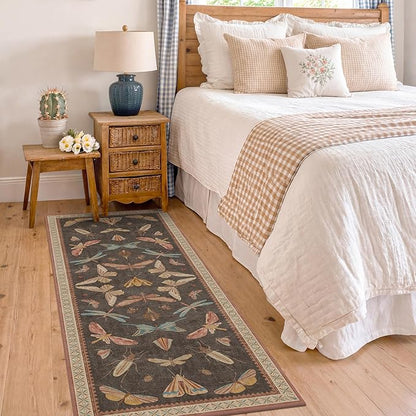 Brown 2x6 Indoor Rugs for Entryway - Washable Non Slip Runner for Kitchen Floor, Vintage Carpet Runners for Hallway 6ft, Insect Boho Design, Butterfly Moth Print Home Décor