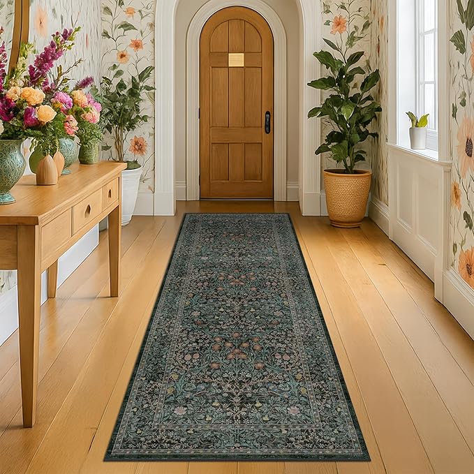 8ft Long Runners for Hallways Non Slip, 2'6" x 8' Floor Runner for Kitchen, Entryway Indoor, Washable Rubber Backing Stain Resistant - Vintage Floral Dark Green & Black Wide Décor