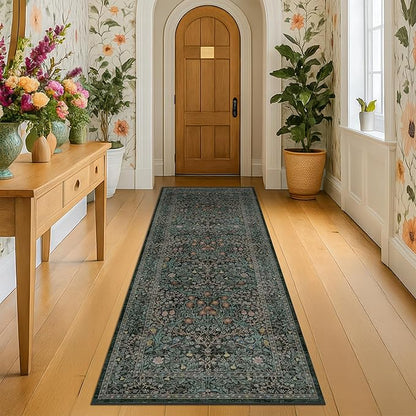 8ft Long Runners for Hallways Non Slip, 2'6" x 8' Floor Runner for Kitchen, Entryway Indoor, Washable Rubber Backing Stain Resistant - Vintage Floral Dark Green & Black Wide Décor