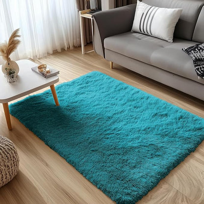 OLANLY 3x5 Machine Washable Small Bedside Rug, Soft Fluffy Shaggy Rugs for Living Room, Bedroom, Indoor Floor Carpet for Kids Girls and Boys, Preppy Dorms, Nursery, Home Decor Aesthetic, Teal