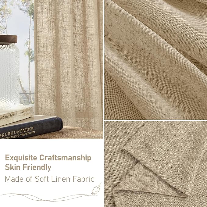 LAMIT Brown Semi Sheer Linen Curtains 48 Inch Length 2 Panels, Light Filtering Panels Back Tab and Rod Pocket Neutral Drapes for Kitchen/Window/Loft Room, 34 x 48 Inch