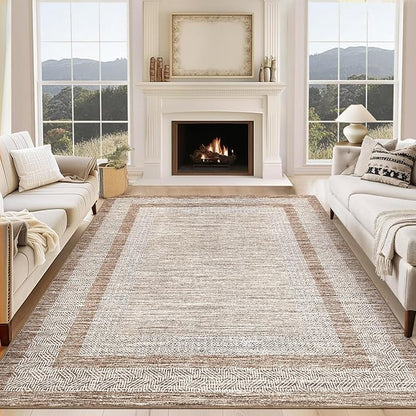 GarveeHome Modern Geometric Area Rug 5x7 Distressed Bordered Rug Washable Non Slip Floor Carpet Non Shedding Thin Rug, Soft Low Pile Rug, Contemporary Brown Rug for Dining Room, Living Room