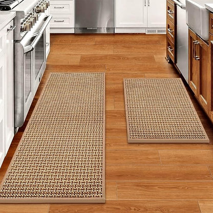 eqivei Kitchen Rugs and Mats Non Skid Washable Set of 2 PCS, Absorbent Runner Rugs for Kitchen, Farmhouse Weave Floor Mats in Front of Sink, 17.3"x 47"+17.3"x 29" (Brown)