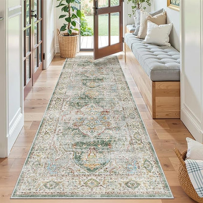 Madane Runner Rug 2'6''x8' Kitchen Runner, Hallway Runner Printed Vintage Washable Rugs Soft Non-Slip Low Pile Runners for Hallways Laundry Room Rug Distressed Rug, Green