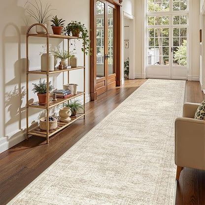 3x16 Washable Runner Rug for Hallway, Non-Slip Long Hallway Runner for Entryway, Soft Vintage Kitchen Mats for Floor, Abstract Dining Room, Bedroom, Living Room Rugs(3'x16', Beige/Ivory)