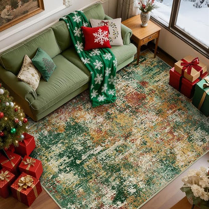 Washable Area Rugs 6'x9' Non-Slip Modern Abstract Soft for Living Room Entryway Bedroom Nursery, Print Pattern, Green Orange Rust Red Cream Colorful