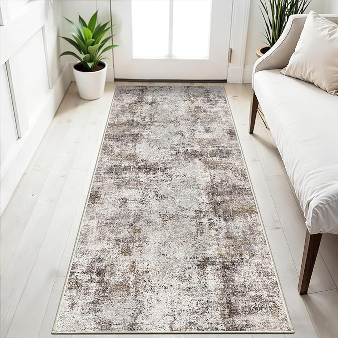 3x6 Washable Entryway Runner Rug: Non Slip Wide Hallway Runners Easy-to-Clean - Soft Living Room Bedroom Kitchen Carpet - Thin Low Pile Printed Floor Mat for Dining Room Beige Brown