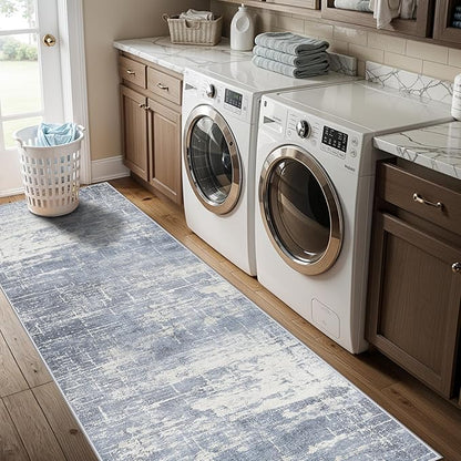 Hallway 2x8 Washable Runner Rug: Abstract Stain Resistant Kitchen Entryway Rugs Farmhouse Ultra Soft Bathroom Bedroom Print Floor Mat Thin Non-Slip Indoor Carpet for Living Room Laudry(2x8,Blue/ivory)