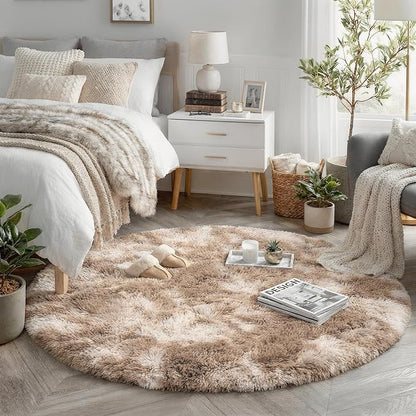 Amdrebio Tie-Dyed Beige Tan Round Area Rug 4Ft for Bedroom, Fluffy Plush Shag Furry Circle Rugs for Kids Room, Living Room Decor Aesthetic, Cute Fuzzy Neutral Carpet for Baby Nursery Playroom Dorm