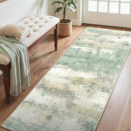 BEIMO Runner Rug for Hallway Kitchen, 2'6"x4' Machine Washable Runners Rug for Entryway, Soft Modern Abstract Throw Rugs, Low Pile Floor Cover with Non Slip Backing, Light Green