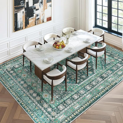 zesthome 8x10 Area Rugs for Living Room,Non-Slip Backing Washable Rugs,Vintage Large Area Rug，Stain Resistant Home Decor Rug(Green/Teal,8'x10')