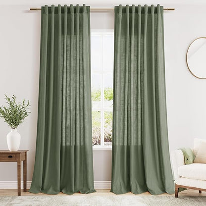 Nanspring Olive Green Linen Curtains for Living Room 2 Panels Set 92 Inch Length Back Tab Light Filtering Semi Sheer Curtain Drapes for Bedroom 52x92