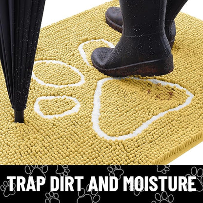 Smiry Dog Door Mat for Muddy Paws, Absorbent Dirt Trapper Non Slip Quick Dry Washable Chenille Mat for Mud Dogs, Entry Rug for Indoor and Outdoor (36x24 Inches, Yellow and White)