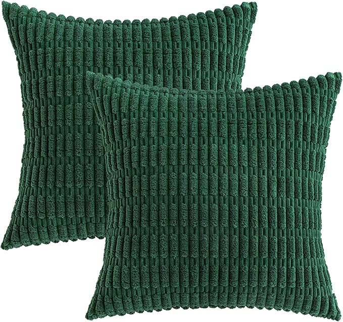 MIULEE Pack of 2 Dark Green Corduroy Decorative Pillow Covers 20x20 Inch Soft Boho Striped Throw Pillow Covers Modern Farmhouse Home Decor for Sofa Living Room Couch Bed