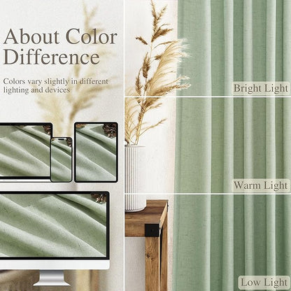 Mist Sage Linen Curtains 90 Inch Long 2 Panels Set for Bedroom Living Room Linen Textured Window Drapes Semi Sheer Light Filtering Rod Pocket Back Tab Cotton Textured Farmhouse Curtain 52x90