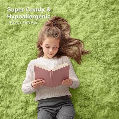 OLANLY 2x4 Machine Washable Runner Rugs for Hallway, Soft Fluffy Shaggy Bedside Rugs for Bedroom, Living Room, Indoor Floor Carpet for Kids Girls Boy, Nursery Rooms, Home Decor Aesthetic, Grass Green