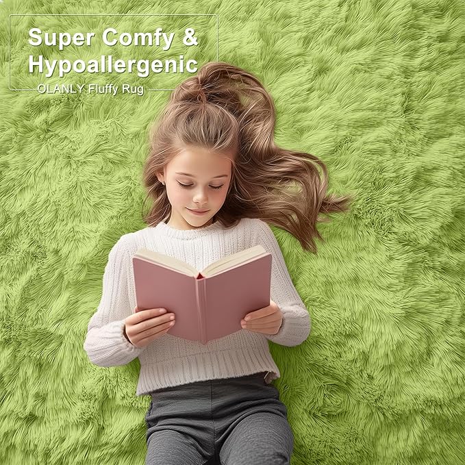 OLANLY 5x8 Machine Washable Large Area Rugs for Living Room, Bedroom, Soft Fluffy Shaggy Bedside Rug, Indoor Floor Carpet for Kids Girls and Boys, Dorms, Nursery, Home Decor Aesthetic, Grass Green