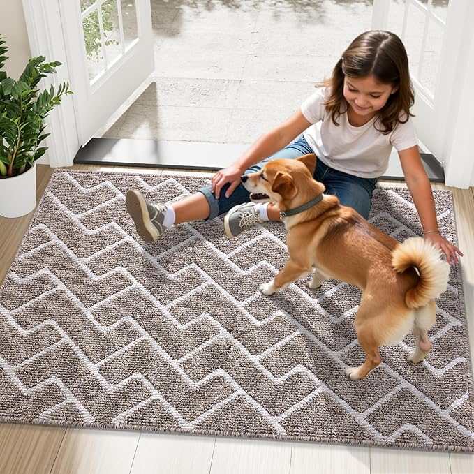 OLANLY Front Door Mat, Non-Slip Rubber Backing, Dirt Resistant and Absorbent, Washable, Easy to Clean Low-Profile Indoor Doormat for Back Door, Entryway, Inside Entrance, 59x35, Khaki