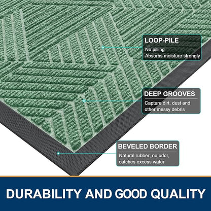 Smiry Front Door Mat Outside Entrance, Heavy Duty Sturdy Natural Rubber Doormat, Trap Dirt and Moisture, Easy Clean Low Profile Mats for Indoor Outdoor Entry, Irregular Triangle (29.5x17, Mint Green)