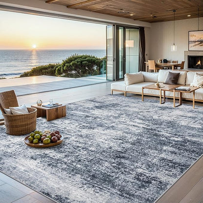 Area Rugs Living Room Rug - 4x6 Washable Modern Abstract Soft Neutral Non-Slip Carpet Large Indoor Floor Thin Carpets for Bedroom Dining Room Farmhouse Nursery Home Office Grey Blue