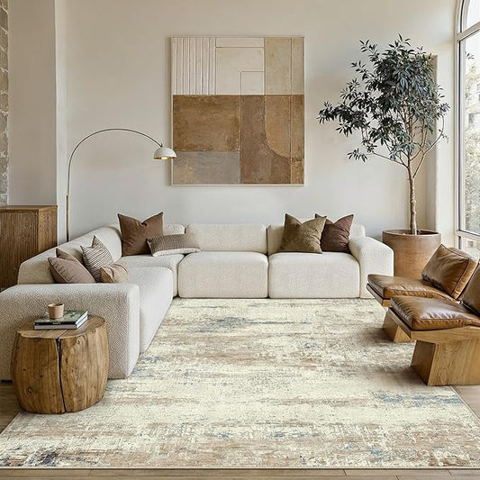 PureCozy 5x7 Area Rug Washable Beige Brown Abstract Living Room Carpet Non Slip Modern Neutral Soft Low Pile Contemporary Aesthetic Bedroom Indoor Rug for Office Laundry Dining Room Kitchen