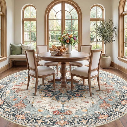 8ft Round Rug, Area Rugs 8ft, Washable Rug, Non-Slip, Rugs for Living Room for Bedroom, Circle , Vintage Rugs Boho Floral Medallion, Low Pile, Soft, Beige Dark Blue Navy Red