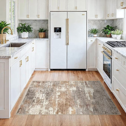 3x4 Washable Entryway Area Rug: Modern Abstract Small Runner Rug for Hallway Soft Non Slip Door Mat with Rubber Backing Low Pile Thin Floor Carpet for Kitchen Bathroom Bedroom Indoor 3x4 Brown/Brick