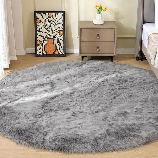 ORINOVA Silver Grey Washable Shaggy Round Rugs 6.6ft Large Faux Sheepskin Fur Rugs for Living Room Bedroom Circle Nursery Rug