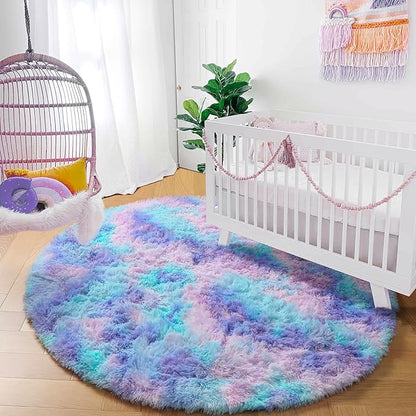 Amdrebio Purple Rainbow Small Round Rug 3Ft for Bedroom Girls Room Decor, Mermaid Stitch Frozen Kids Rugs for Playroom Nursery Dorm, Fluffy Furry Cute Shag Carpet, Kawaii Circle Area Rugs for Baby