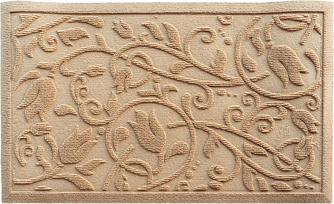 Boho Beige Floral Leaves Outdoor Indoor Entrance Doormats, Absorbent Durable Heavy Duty Welcome Front Door Mat,Thick Natural Rubber Back,Easy Clean Entryway Mat 23x35 Inch, Low Profile
