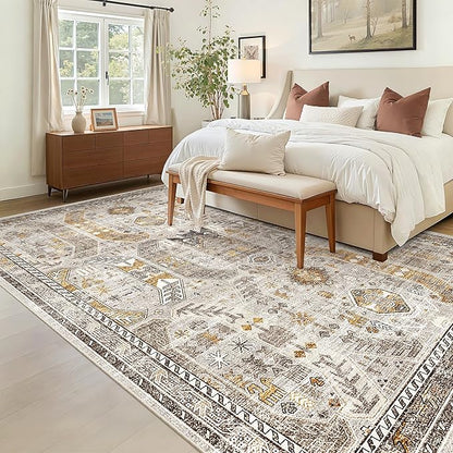 Madane 6x9 Area Rugs for Living Room, Stain Resistant Washable Rugs, Non-Slip Backing Area Rug, Vintage Home Decor Rug for Bedroom (Brown/Gold, 6'x9')