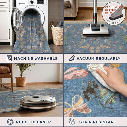 Hazo Haus Insect 3x5 Washable Stain Resistant Rugs for Large Kitchen, Ultra Soft Faux Wool Rugs for Kids Bedroom Beside Bed, Non Slip Entry Rug, Low Pile Fade Resistant, Dusty Blue