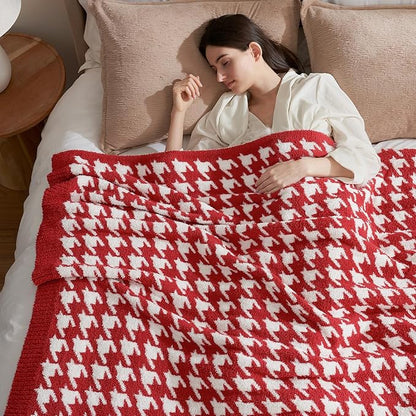 Snuggle Sac Ultra Soft Throw Blanket for Couch, Cozy Knitted Blankets, Fuzzy Knit Throws for Sofa, Bed, Home Decor, Houndstooth Red 50"x60"