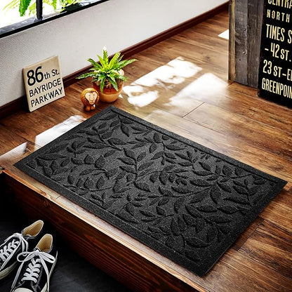 Black Leaves Outdoor Indoor Entrance Doormats, Absorbent Durable Heavy Duty Welcome Front Door Mat,Thick Natural Rubber Back,Easy Clean Entryway Mat 17x30 Inch, Low Profile