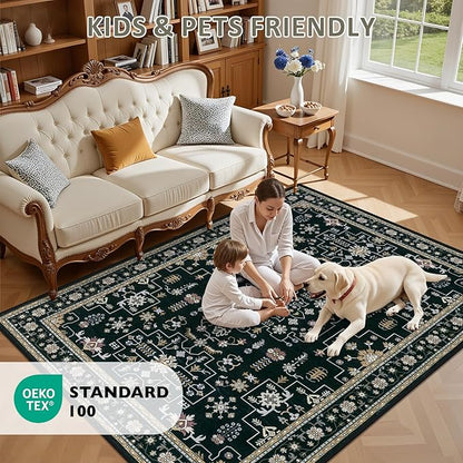 Area Rugs 10x14 Living Room Rug: Washable Rug Soft Vintage Boho Medallion Carpet Indoor Floor Non-Slip Stain Resistant Large Carpets for Bedroom Dining Room Farmhouse Nursery Home Office Black
