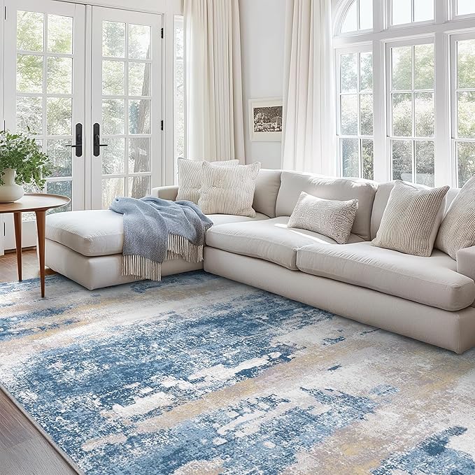 Area Rugs 6x9 for Living Room Bedroom, Modern Abstract Machine Washable Soft Blue Rug, Floor Carpet with Non Slip Backing for Dining Room