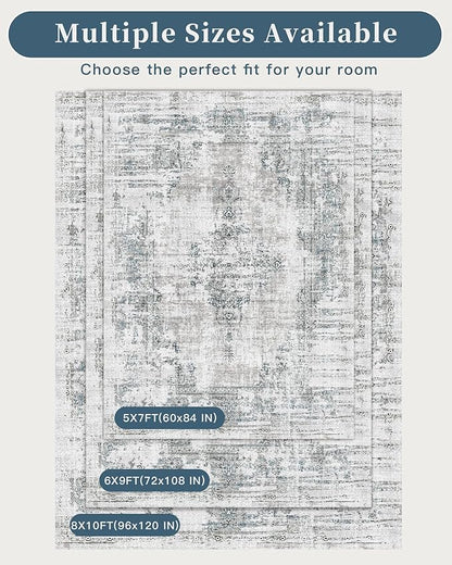 Madane 8x10 Area Rugs for Living Room, Machine Washable Vintage Rug with Non-Slip Backing, Soft Throw Large Rug, Thin Carpet for Bedroom Dining Room Farmhouse Under Table, Blue/Grey