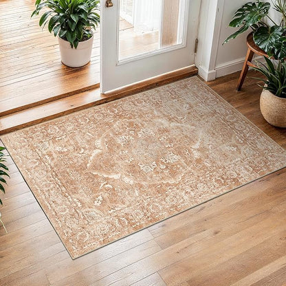 2x3 Entryway Area Rug Washable - Neutral Small Entry Rug Kitchen Rug Runner Vintage Soft Floor Mat Non Slip Indoor Farmhouse Carpet for Bedroom Bathroom Living Room (Brick)