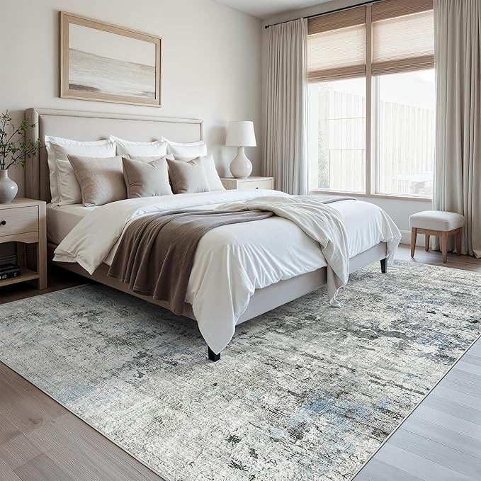 Abstract Rug 8x10 Large Living Room Rugs Neutral Modern Washable Area Rugs for Bedroom Dining Room Non-Slip Stain Resistant Foldable Thin Rug Gray Blue