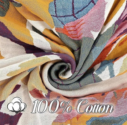 MSGKV Boho Throw Blanket for Bed 100% Cotton Throw Floral Couch Blanket 80''x90'', Spring Breathable Travel Muslin Blanket for Women Home Decor