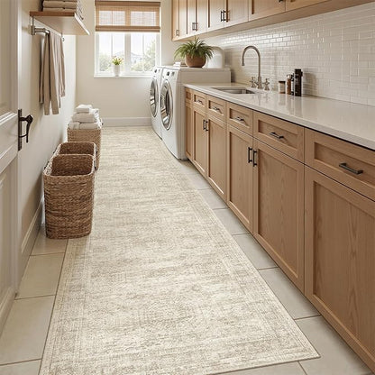 Runner Rug 2'6" x 12' Washable Non-Slip Runner Rugs for Kitchen Bathroom Laundry Room Vintage Ultra Thin Runners for Hallway Entryway Beige