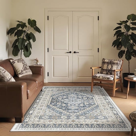 4x6 Area Rugs for Living Room, Non-Slip Backing Small Kids Rugs for Bedroom, Vintage Floral Rug Home Decor, Low Pile Soft Washable Rug for Kitchen, Dining Room (Blue/Beige,4'x6')