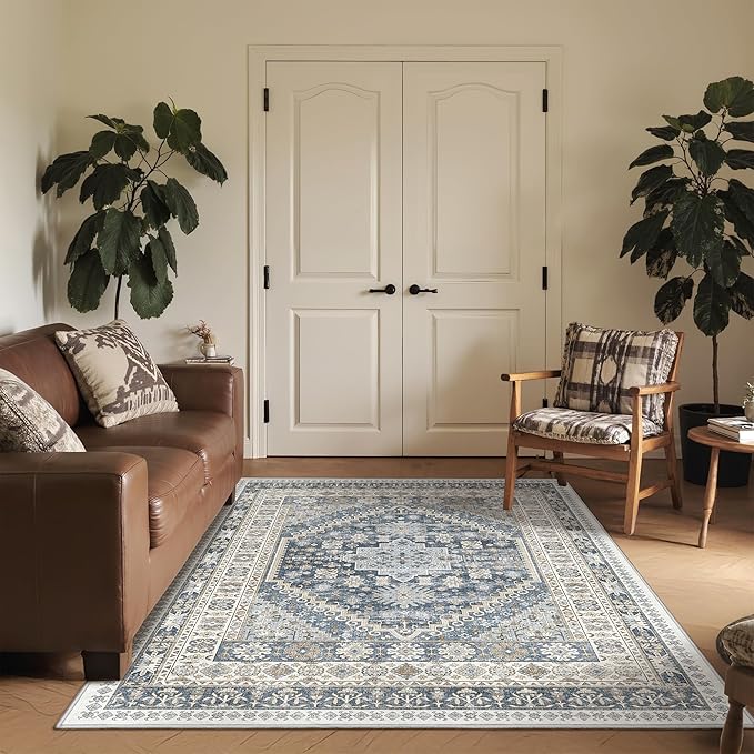 3x5 Washable Area Rug for Entryway, Kitchen Rugs Non Slip for Dining Room, Vintage Floral Soft Living Room Rug, Thin Area Rug Indoor for Bedroom, Kids Room Decor(Blue/Beige,3'x5')