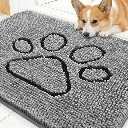 OLANLY Dog Door Mat for Muddy Paws 30x20, Paw Print Design, Absorbs Moisture and Dirt, Absorbent Non-Slip Washable Doormat, Quick Dry Chenille Mud Mat for Dogs, Entry Indoor Entryway Carpet, Grey